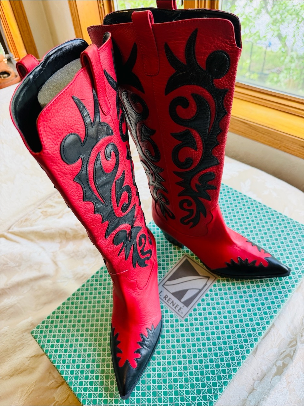 Vintage J. Renee ROGERS Red Black Leather Cowboy Boots 7.5W NIB Flame Y2K - Picture 9 of 14